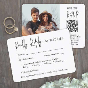 QR-code & maaltijd opties modern script foto bruil RSVP Kaartje