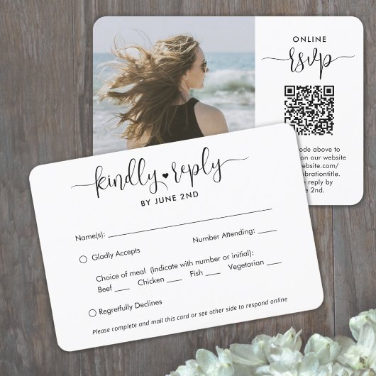 QR-code & maaltijdopties Trendy modern schrift fot RSVP Kaartje