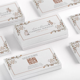 QR Code Maid Housekeeping Professional Mice Floral Visitekaartje