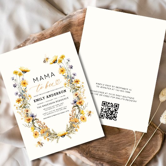 QR Code Mama naar Bee Wildflower Baby shower Kaart
