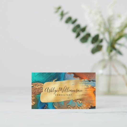 QR Code marble waterverf Gold turkooizen script Visitekaartje (Staand voorkant)
