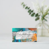 QR Code marble waterverf Silver Turquoise script Visitekaartje (Staand voorkant)