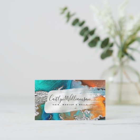 QR Code marble waterverf Silver Turquoise script Visitekaartje (Staand voorkant)