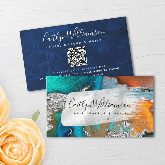 QR Code marble waterverf Silver Turquoise script Visitekaartje