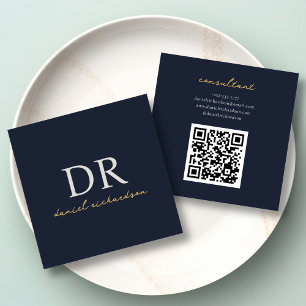 QR Code Marine Blauw & Goud Initiaal Monogram Vierkante Visitekaartje