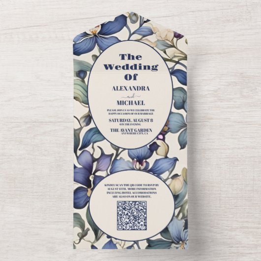 QR Code Marine lichtblauw waterverf bloemenbruilof All In One Uitnodiging (Binnen)