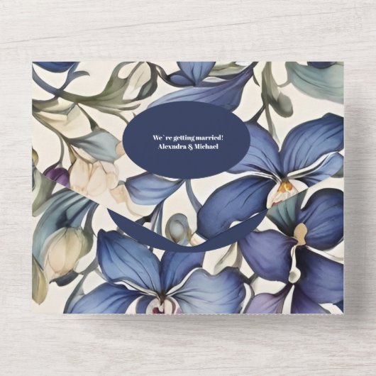 QR Code Marine lichtblauw waterverf bloemenbruilof All In One Uitnodiging (Achterkant)