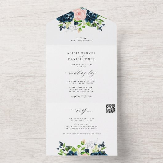 QR CODE marineroze blush elegante bloembruiloft All In One Uitnodiging (Binnen)
