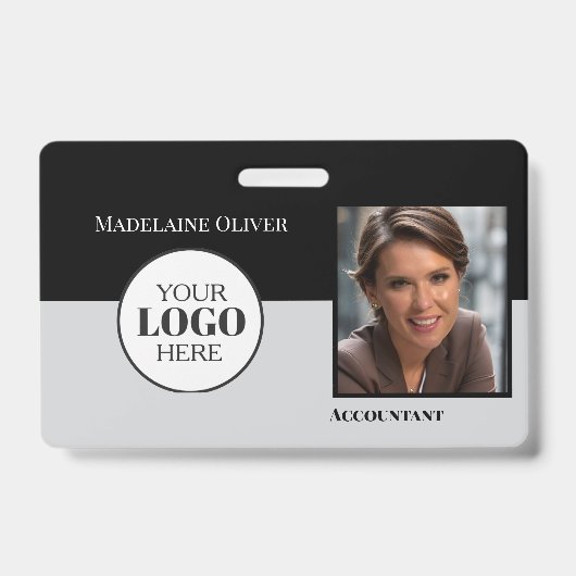 QR Code Medewerker ID Zwart Grijs Logo Foto Badge (Front)