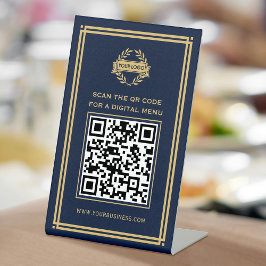 QR Code Menu Logo Contactloos Classic Navy Gold Reclamebord Met Voetstuk