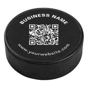 QR-code met bedrijfsnaam vet cirkelvormige tekst Hockey Puck