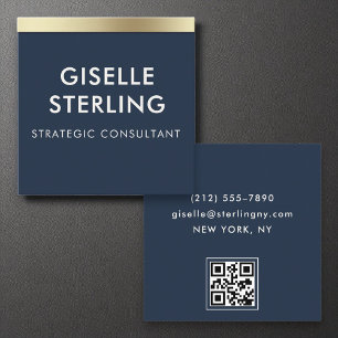 QR Code Minimal Navy Blauw Goud Luxe Typografie Vierkante Visitekaartje