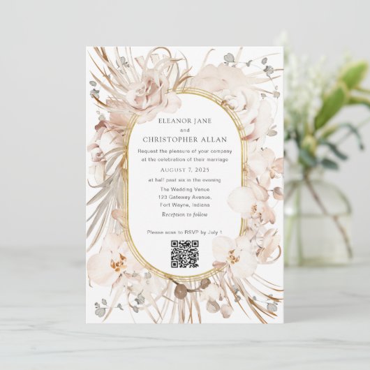 QR-code modern beige bloemtuinbruiloft Kaart (Staand voorkant)