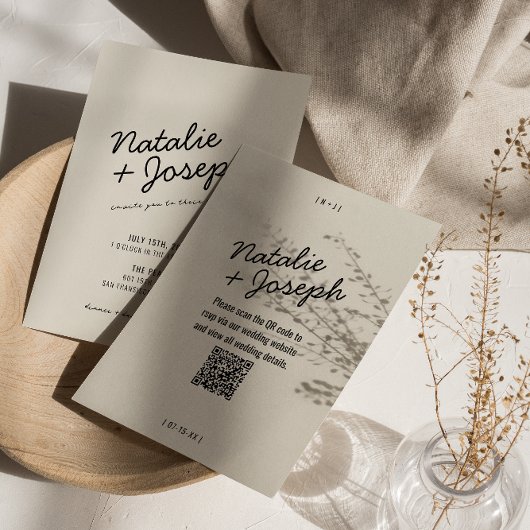 QR Code Modern Black Cream Retro Whimsical Wedding Kaart
