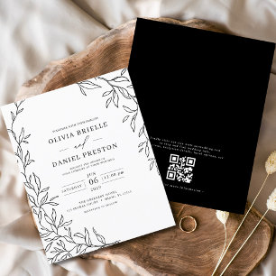 QR-code Modern Black & White Minimal Leaf Wedding