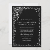 QR-code Modern Black & White Minimal Leaf Wedding Kaart (Voorkant)