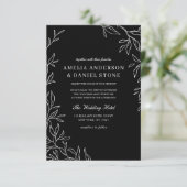 QR-code Modern Black & White Minimal Leaf Wedding Kaart (Staand voorkant)