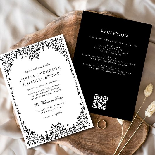 QR-code Modern Black & White Minimal Leaf Wedding Kaart
