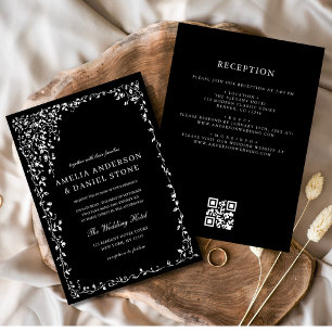 QR-code Modern Black & White Minimal Leaf Wedding Kaart