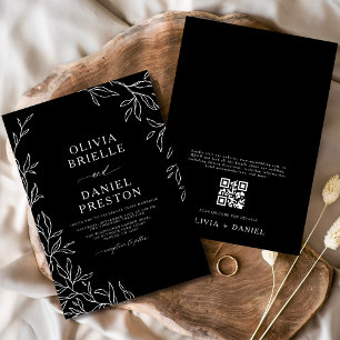 QR-code Modern Black & White Minimal Leaf Wedding Kaart