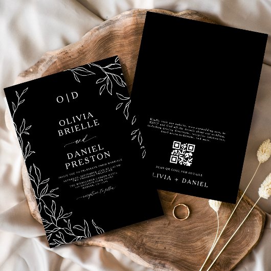 QR-code Modern Black & White Minimal Leaf Wedding Kaart