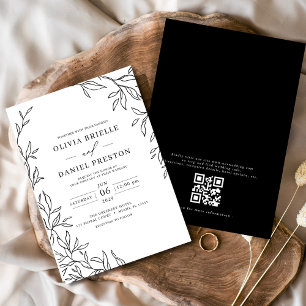 QR-code Modern Black & White Minimal Leaf Wedding Kaart