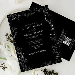QR-code Modern Black & White Minimal Leaf Wedding Kaart