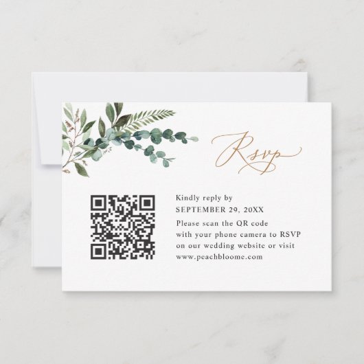 QR Code Modern Boho Greenery Gold Wedding RSVP Kaartje (Voorkant)