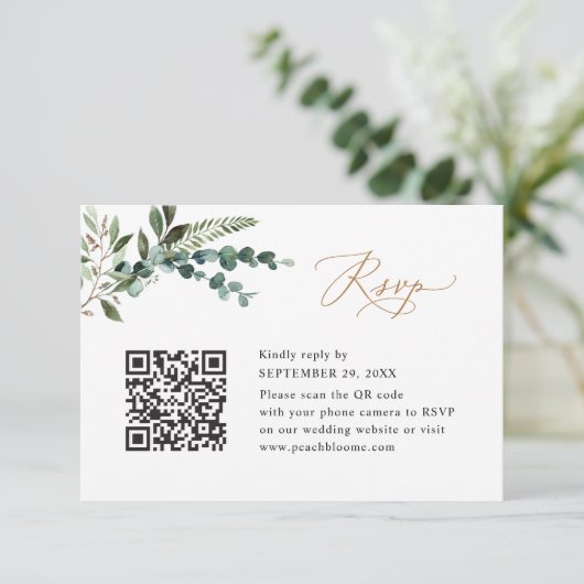 QR Code Modern Boho Greenery Gold Wedding RSVP Kaartje (Staand voorkant)