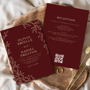 QR Code Modern Bourgondië Gold Minimal Leaf Weddin Kaart
