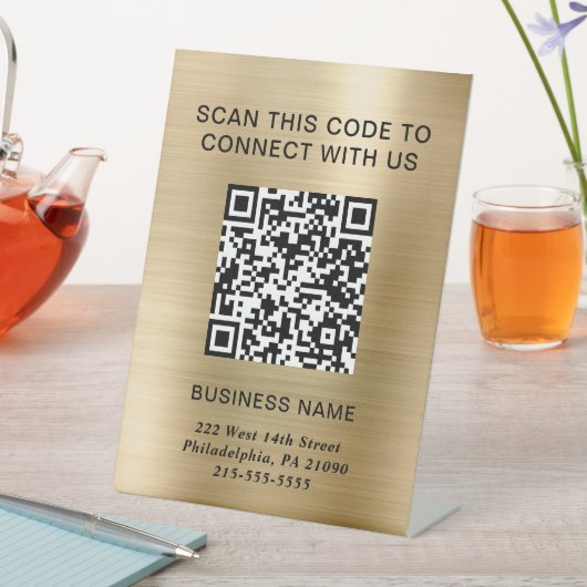 QR-code Modern Business Gold Reclamebord Met Voetstuk (Insitu)