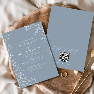 QR-code Modern Dusty Blue Minimal Leaf Wedding Kaart