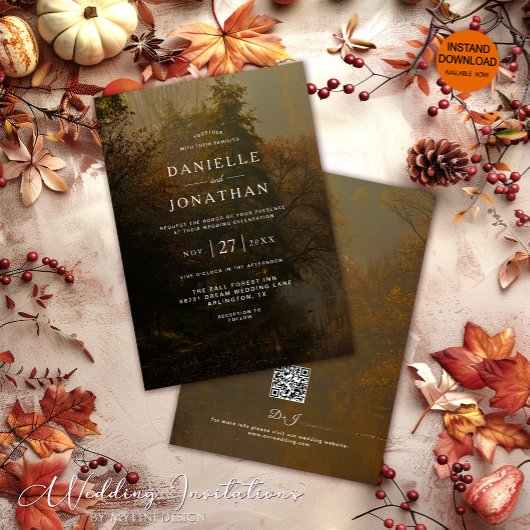 QR Code Modern Elegant Rustiek Fall Wedding Kaart