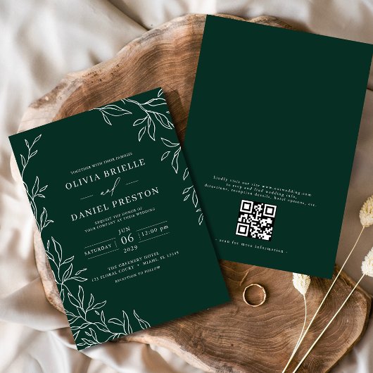 QR Code Modern Emerald Green Minimal Leaf Wedding Kaart