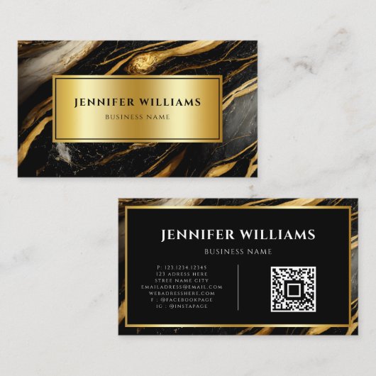 QR-code Modern Gold Black en White marble Visitekaartje (Voorkant / Achterkant)