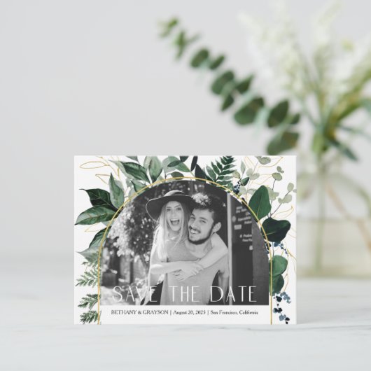 QR code Modern Greenery verlaat Foto slaat datum o Aankondigingskaart (Staand voorkant)