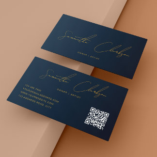 QR-code modern marineblauw en gouden handgeschreve Visitekaartje