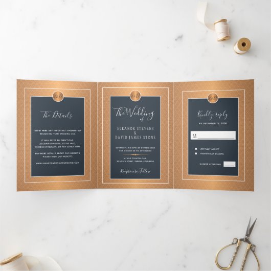 QR CODE modern marinekopergoud trouwuitnodiging Drieluik Aankondiging (Binnen)