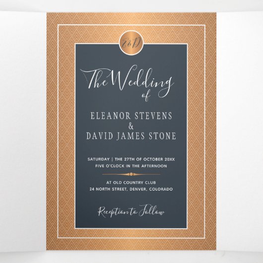 QR CODE modern marinekopergoud trouwuitnodiging Drieluik Aankondiging (Binnenkant midden)