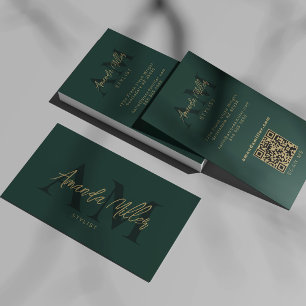 QR Code Modern Minimalistisch Monogram Smaragdgroe Visitekaartje