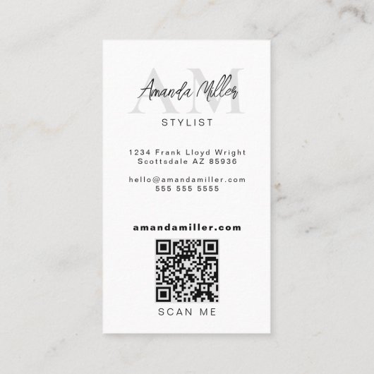 QR Code Modern Minimalistisch Monogram Wit Zilver Visitekaartje (Achterkant)