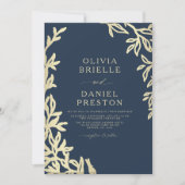 QR Code Modern Navy Blue Gold Minimal Leaf Wedding Kaart (Voorkant)