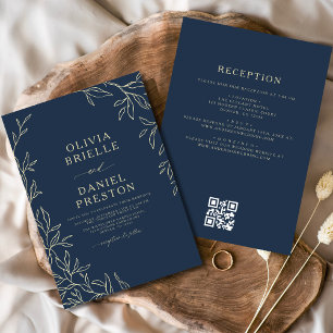 QR Code Modern Navy Blue Gold Minimal Leaf Wedding Kaart