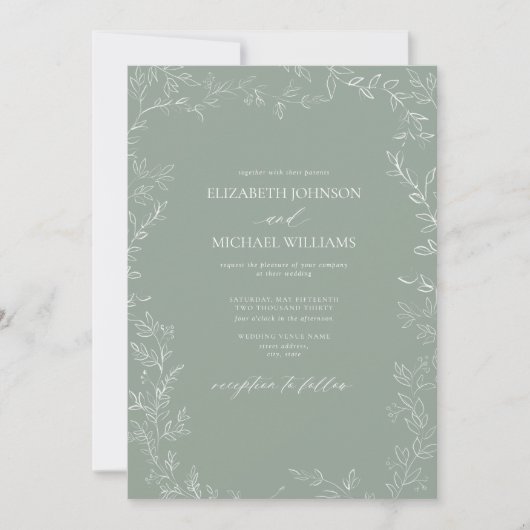 QR Code Modern Sage Green Minimal Leaf Wedding Kaart (Voorkant)