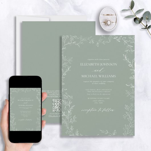 QR Code Modern Sage Green Minimal Leaf Wedding Kaart