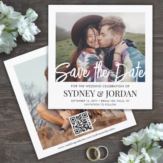 QR-code Modern script foto-overlay vierkant huweli Save The Date