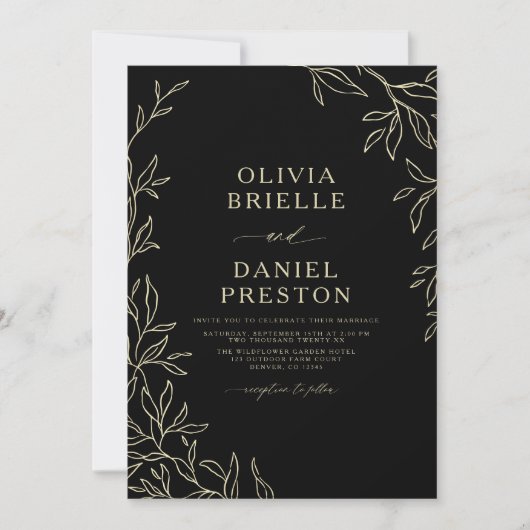 QR Code Modern Zwart & Goud Minimal Leaf Wedding Kaart (Voorkant)