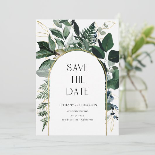 QR-code, moderne botanische tuin bruiloft Save The Date (Staand voorkant)