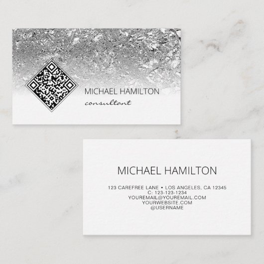 QR Code Moderne Carte de visite Argent (Devant / Derrière)