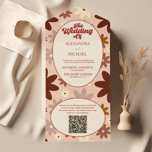 QR Code Moderne Groovy Retro 70s Bloemenbruiloft All In One Uitnodiging